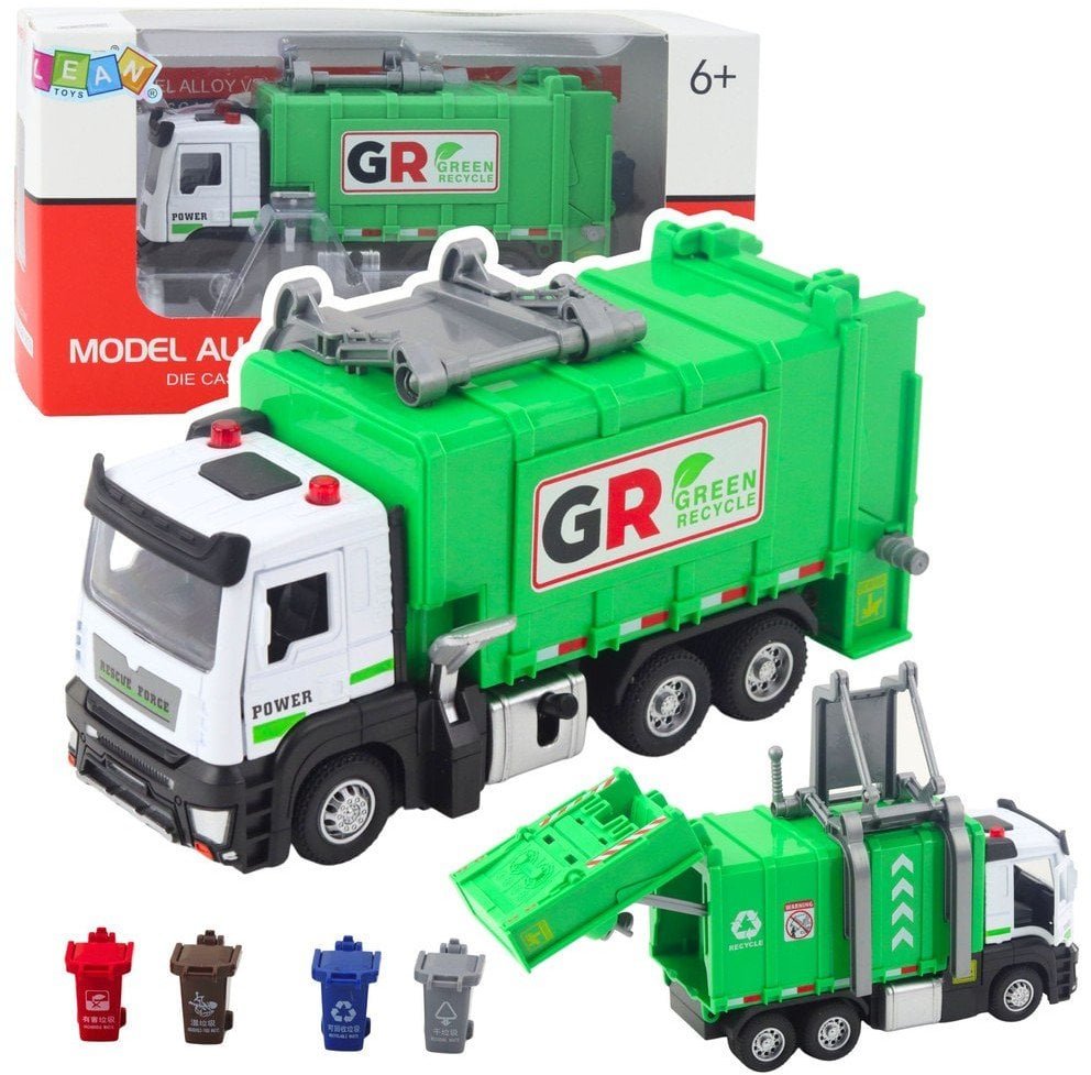 Śmieciarka Z Napędem 4 Pojemniki Na Śmieci Światła Dźwięki Zielona LEAN Toys