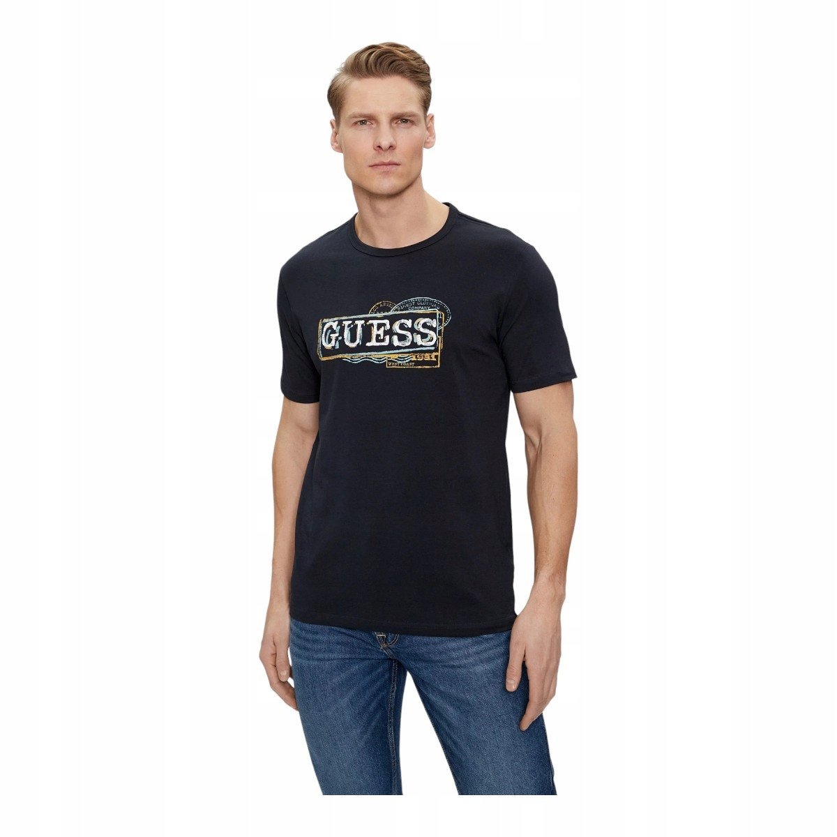 Guess Koszulka Męska T-Shirt Ss Cn Guess Box Logo Tee Granatowa R.M