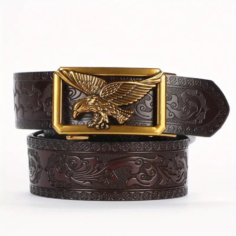 Pas pasek SKÓRZANY AUTOMATYCZNY retro y2k SKÓRA NATURALNA ZŁOTY ORZEŁ 120cm