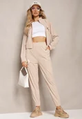 Spodnie sportowe damskie - Jasnobeżowy Komplet Dresowy w Prążki Bluza Kurtka Rozpinana z Kołnierzykiem i Spodnie Lisulla - miniaturka - grafika 1