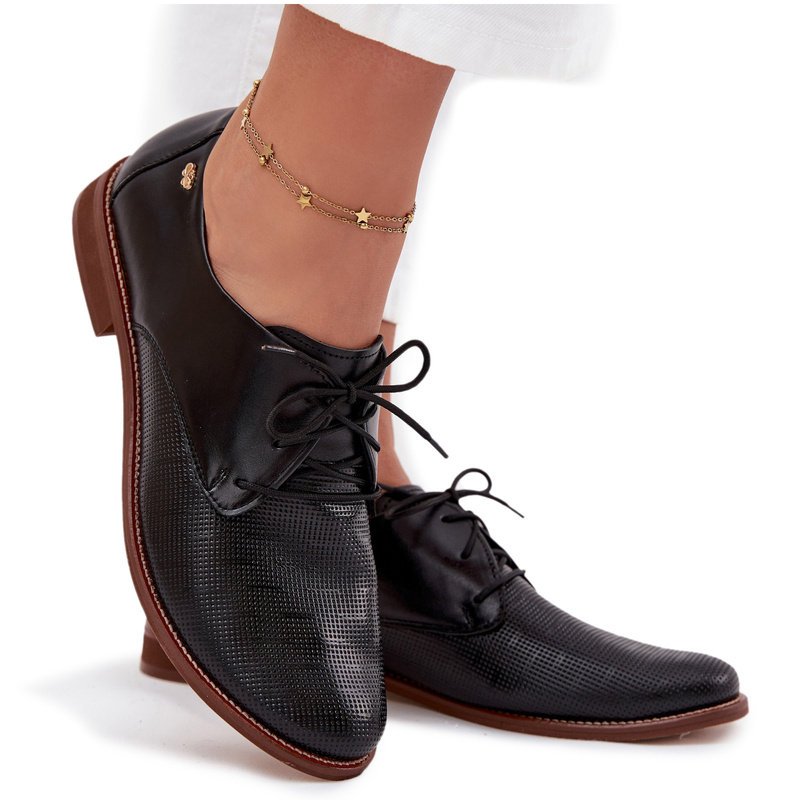 Skórzane Półbuty Damskie Eleganckie Sznurowane Zazoo 4238 Czarne-38