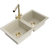 Zlewozmywaki z baterią - Mexen Mario zlewozmywak granitowy 2-komorowy z baterią kuchenną Duero, beżowy - miniaturka - grafika 1