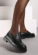 Mokasyny damskie - Czarne Mokasyny na Grubej Podeszwie z Ozdobnym Paskiem Labressa - miniaturka - grafika 1