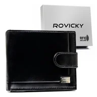 Portfele - Czarny poziomy mały portfel męski na zatrzask ROVICKY skóra naturalna elegancki na prezent ochrona RFID STOP - miniaturka - grafika 1