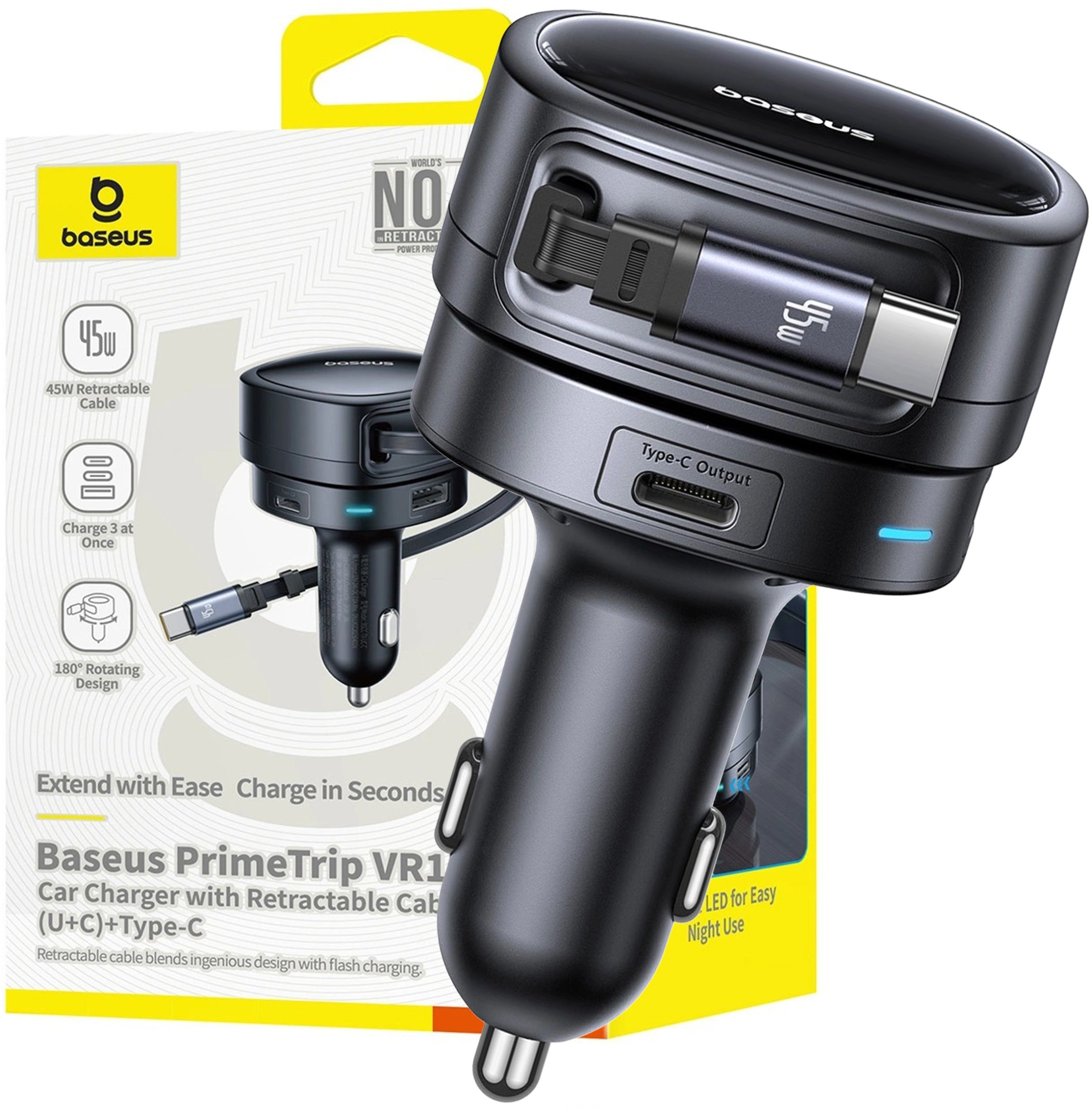 Ładowarka Baseus Ładowarka samochodowa Baseus PrimeTrip VR1 60W USB-A USB-C ze zwijanym kablem USB-C - czarna