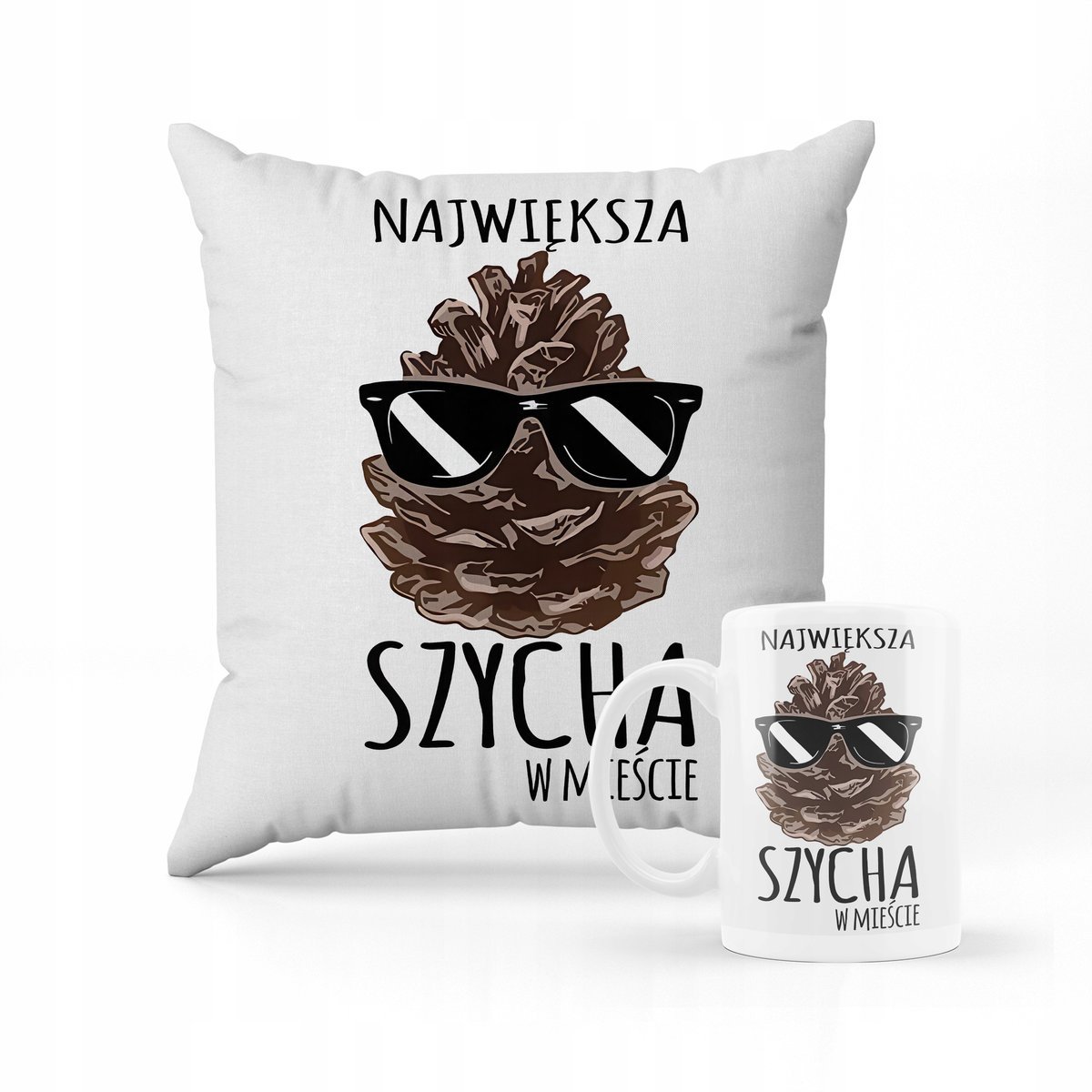 ZESTAW PODUSZKA + kubek Największa szycha na świecie śmieszny wzór + IMIĘ