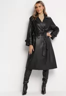 Płaszcze damskie - Czarny Dwurzędowy Płaszcz Wiązany w Pasie z Kieszeniami Asella - miniaturka - grafika 1