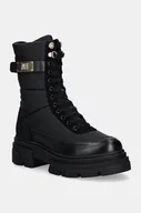 Botki damskie - Tommy Hilfiger botki BIKER LEATHER MIX LACE-UP damskie kolor czarny na płaskim obcasie FW0FW08246 - miniaturka - grafika 1