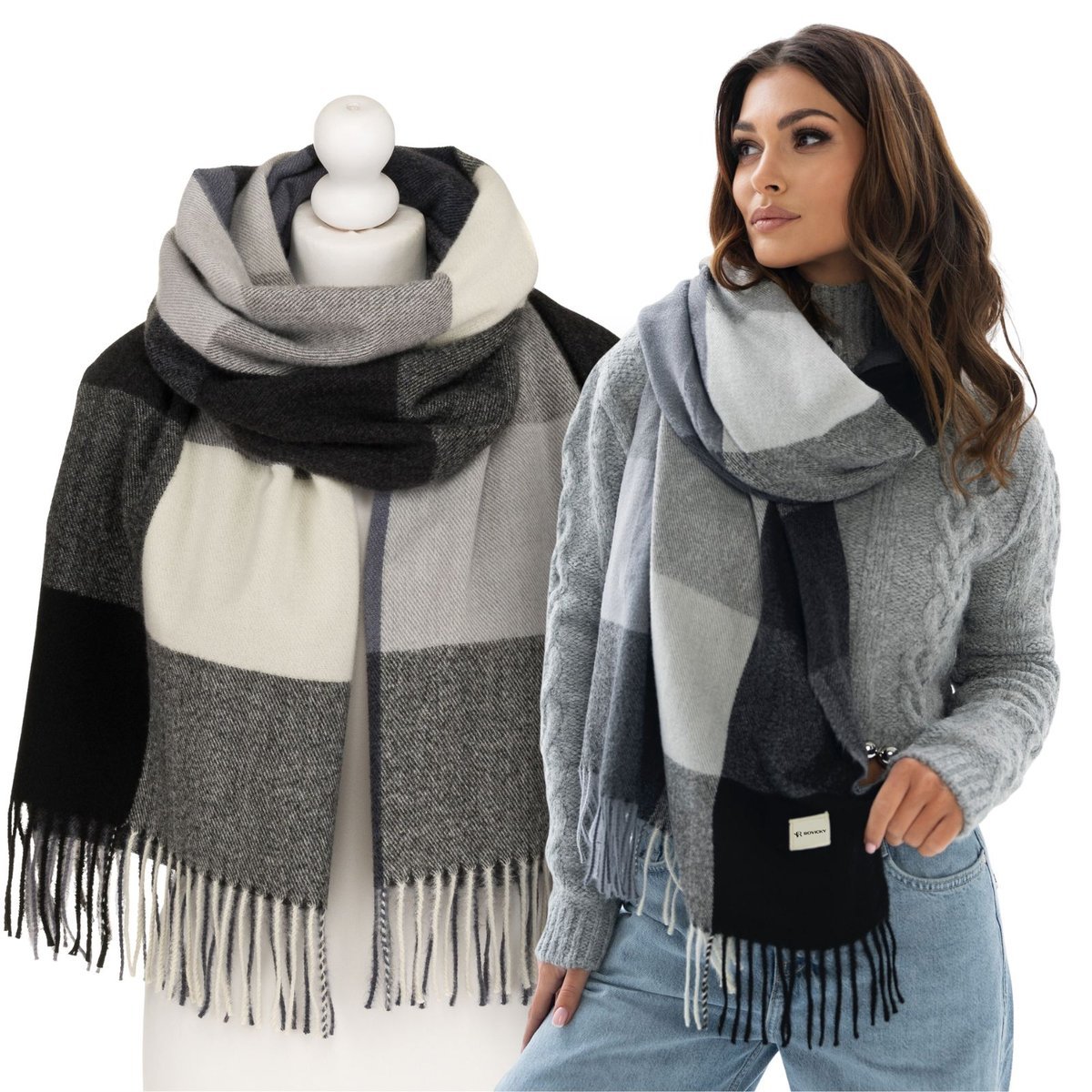 Szalik damski duży ciepły długi szal stylowy modny premium zimowy w kratkę Rovicky szary czarny