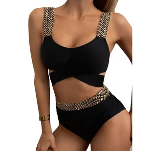 STRÓJ KĄPIELOWY DWUCZĘŚCIOWY BIKINI CZARNE WIĄZANIE WYSOKI STAN 42 XL - Stroje kąpielowe - miniaturka - grafika 1