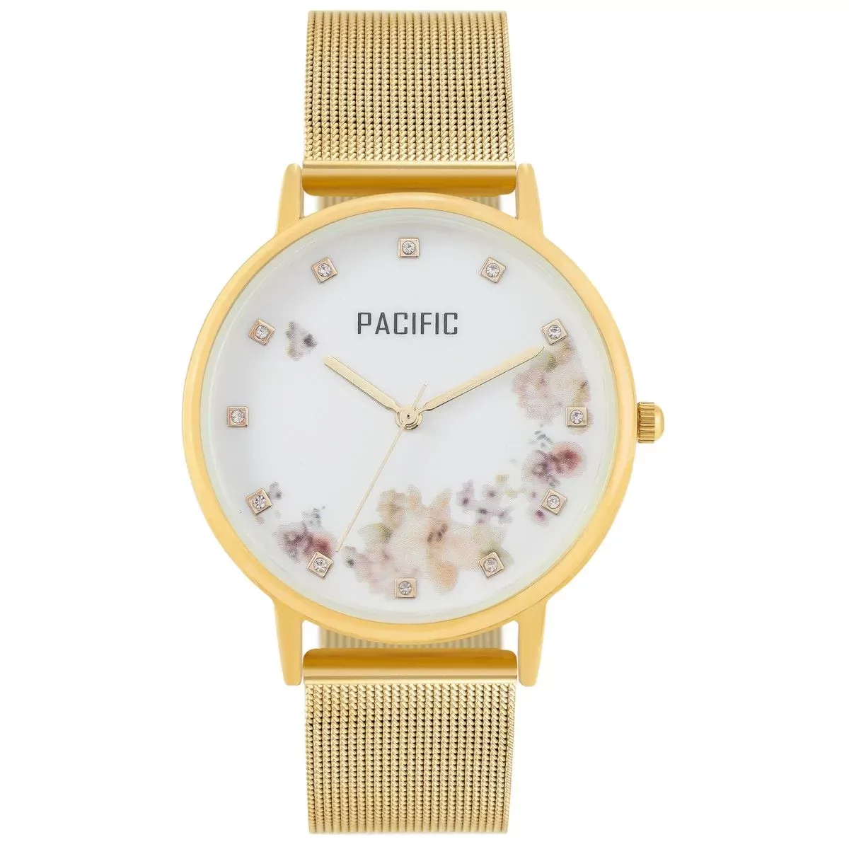 Złoty damski zegarek z kwiatami i kryształkami PACIFIC X6182-04