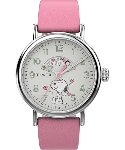Timex Peanuts Tw2W88900 Zegarek Damski, 40 mm, Różowy Skórzany Pasek, Biała Tarcza i Koperta w Odcieniu Srebra