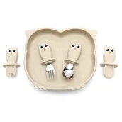 Zestawy naczyń dla dzieci - Zestaw Sowa Talerzyk Silikonowy Plus 2 Zestawy Sztućców [Kolor Jasnoróżowy] - miniaturka - grafika 1