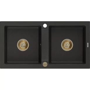 Mexen Mario zlewozmywak granitowy 2-komorowy 820 x 436 mm, czarny/złoty metalik, syfon złoty - Zlewozmywaki - miniaturka - grafika 1