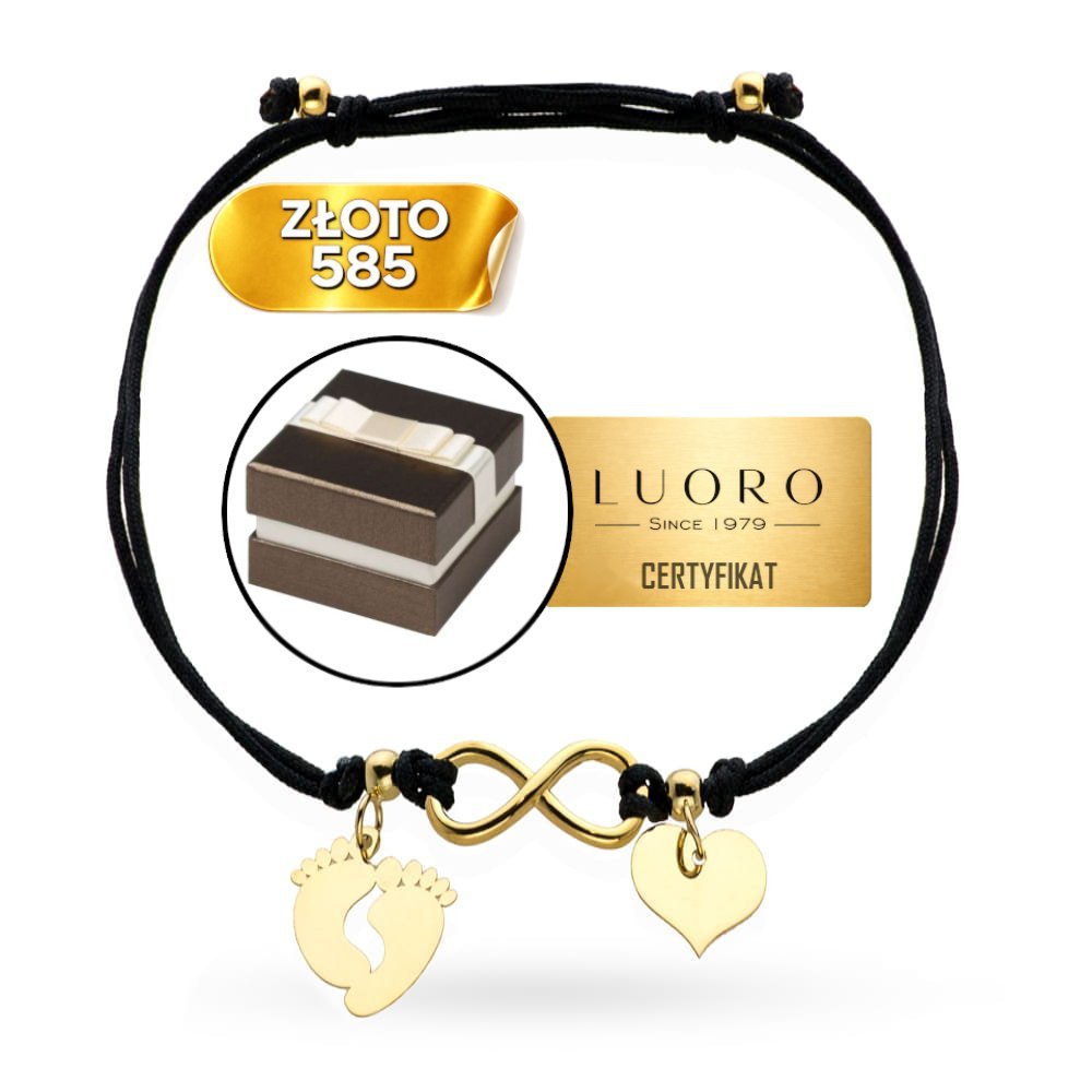 BRANSOLETKA ZŁOTA 585 14K STÓPKI NIESKOŃCZONOŚĆ SERCE NA CZARNYM SZNUKU 25 CM REGULOWANA