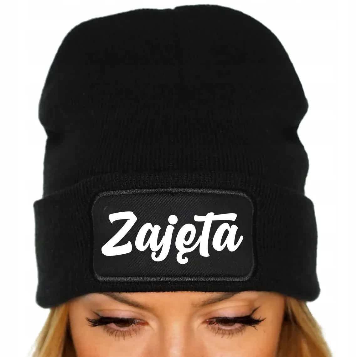 Czapka Jesienna Bawełniana ZIMOWA Czarna Beanie ZAJĘTA Na Prezent Wzory
