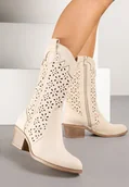Botki damskie - Beżowe Botki Kowbojki na Słupku z Ażurową Cholewką Ravsemi - miniaturka - grafika 1