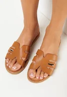 Klapki i japonki damskie - Brązowe Płaskie Klapki z Paskiem Ozdobionym Wycięciami Linvin - miniaturka - grafika 1