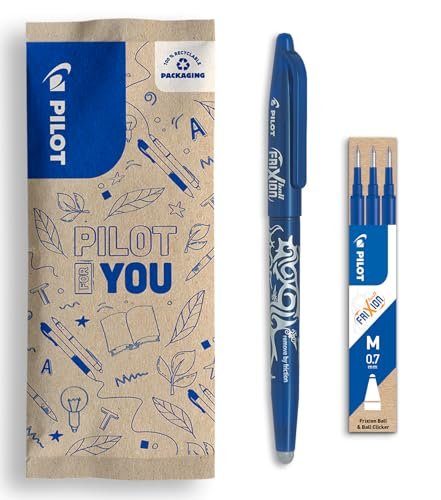 PILOT Frixion Ball + 1 x zestaw 3 wkładów - pióro wymazywalne atramentem termoczułym - długopis kulkowy z tworzywa sztucznego pochodzącego z recyklingu - niebieski - średnia końcówka