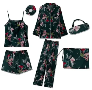 Piżama Satynowa Zestaw Zielony Floral 7Elem Lato/Zima R S Prezent Wakacje - Bielizna nocna - miniaturka - grafika 1