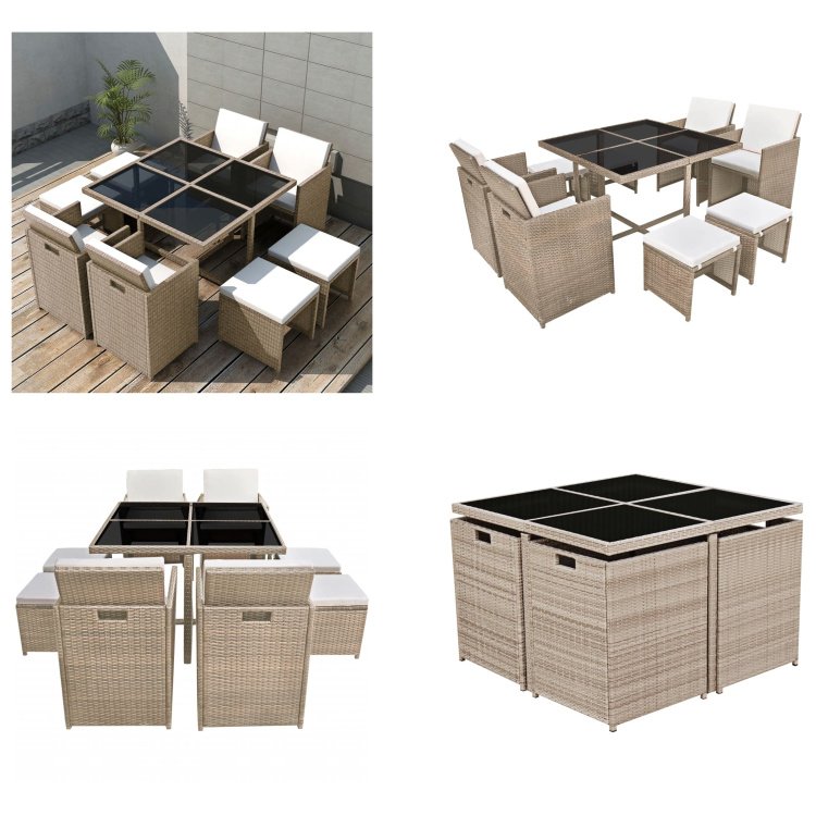 vidaXL 9-częściowy ogrodowy zestaw jadalniany z poduszkami z rattanu w kolorze beżowym - Zestaw mebli ogrodowych - Zestawy mebli ogrodowych - Stół i krzesła ogrodowe - Stoły i krzesła ogrodowe