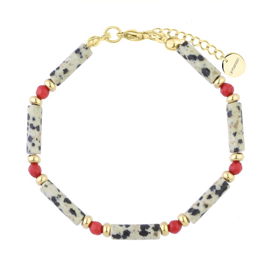 Bransoletka damska Jaspis dalmatyński i czerwony koral.
