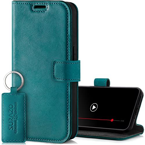SURAZO Etui na telefon komórkowy Samsung Galaxy M34, skórzane etui ochronne z klapką z prawdziwej skóry [magnes, przegródka na karty, ochrona RFID, funkcja stojaka] etui z klapką z klapką, skórzane