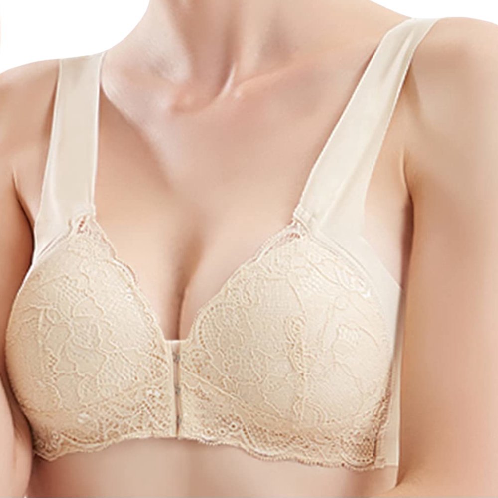 Koronkowy Biustonosz Push-Up Plus Size Przednie Zapięcie Beżowy XXL