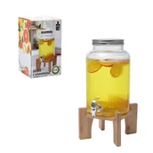 Pojemniki kuchenne - SŁOIK SZKLANY PRĄŻKOWANY Z KRANIKIEM DREWNANIA PODSTAWKA 5,5 L - miniaturka - grafika 1