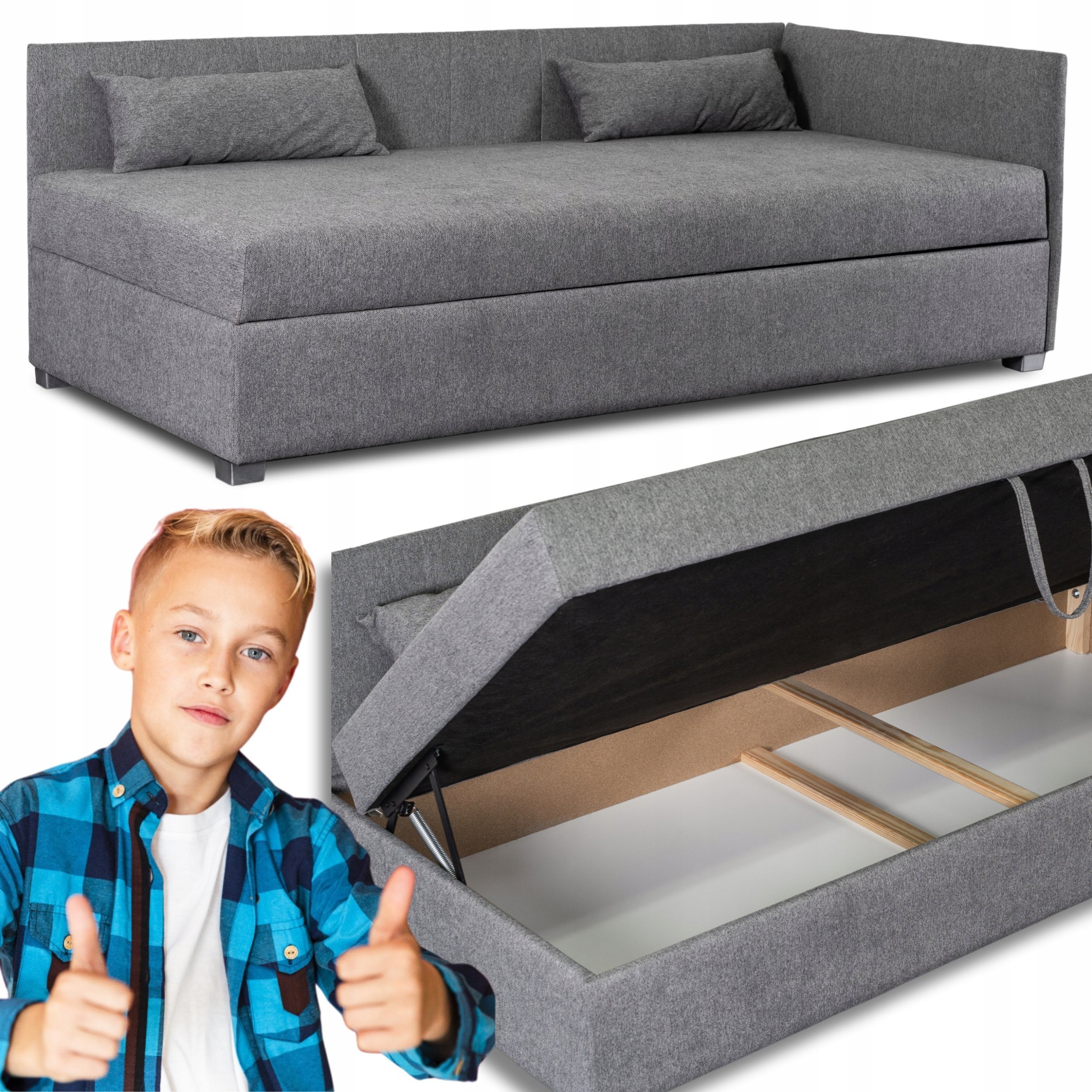 Łóżko 90x200 Młodzieżowe Tapicerowane Jednoosobowe Tapczan Szare KARO 2