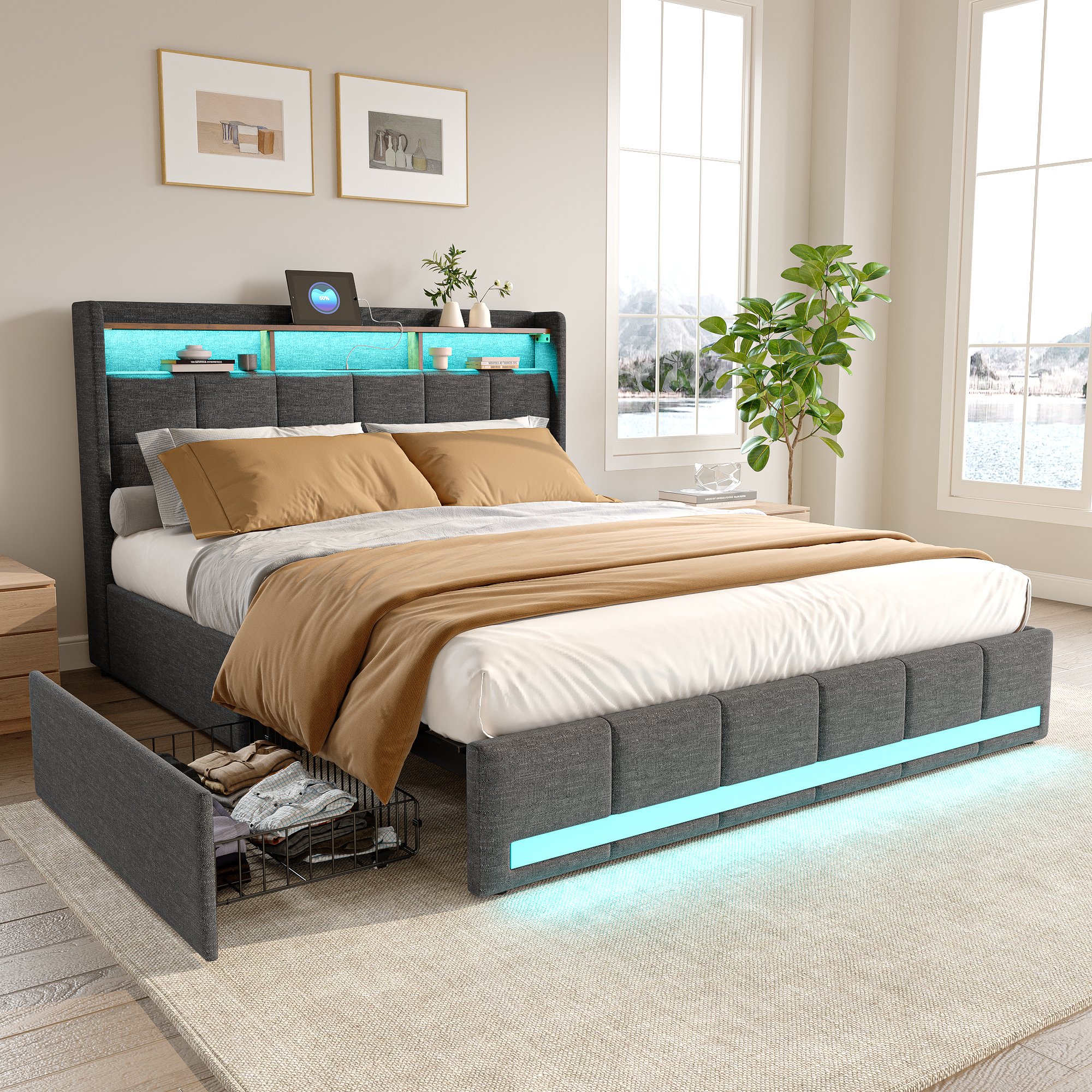 Łóżko tapicerowane 140x200cm z USB, łóżko młodzieżowe podwójne z listwowym stelażem i 4 szufladami, łóżko do przechowywania z LED, pościel, szary
