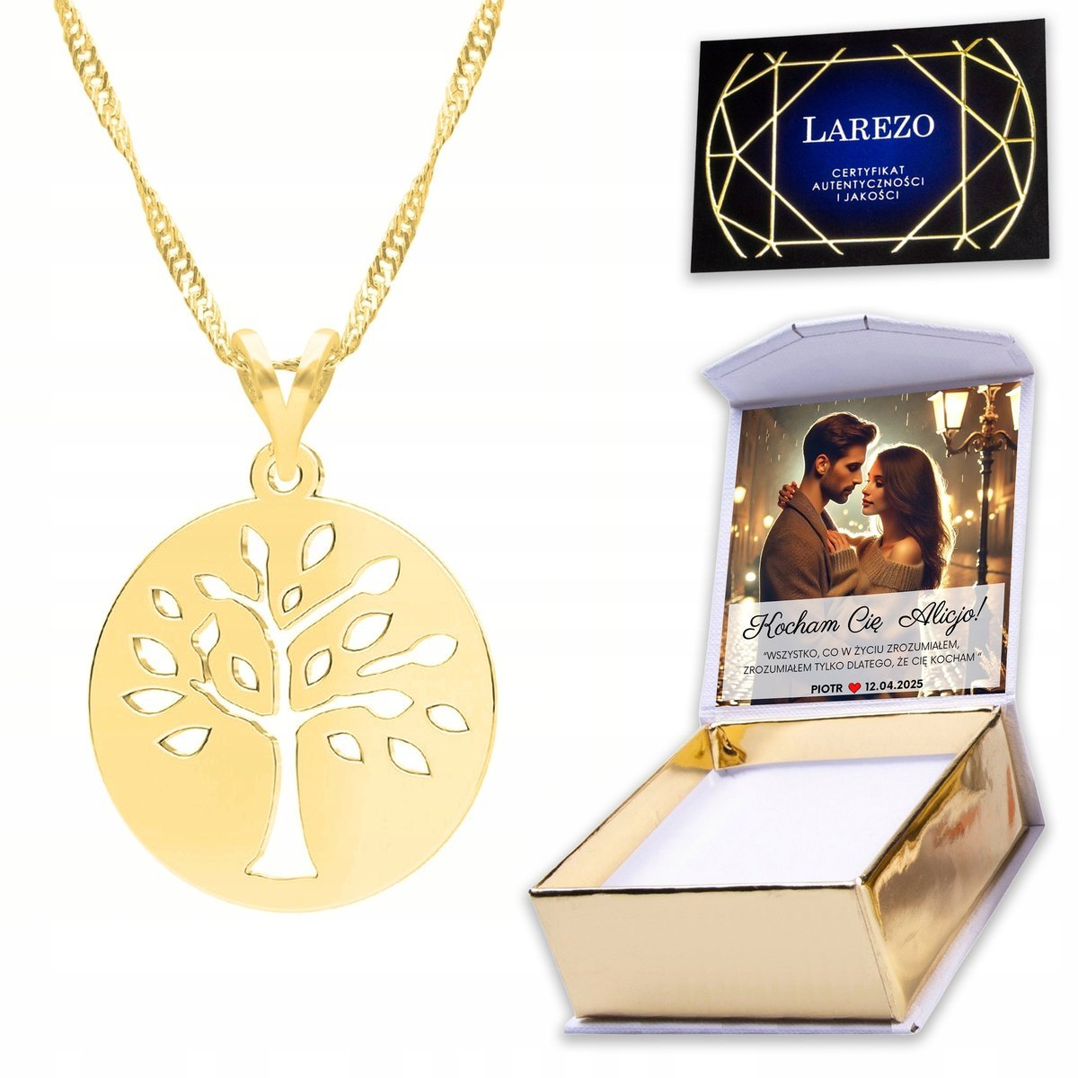 Złoty Naszyjnik 925 z Drzewkiem Tree Drzewo Drzewko Życia Blaszka + NADRUK