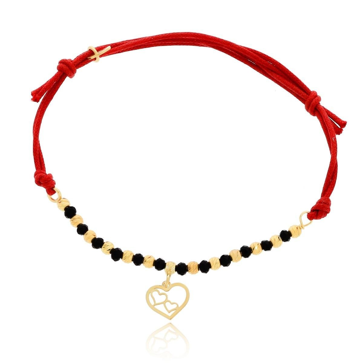 Bransoletka czerwony sznurek serduszka w sercu, kółko, kulki srebro pozłacane pr. 925