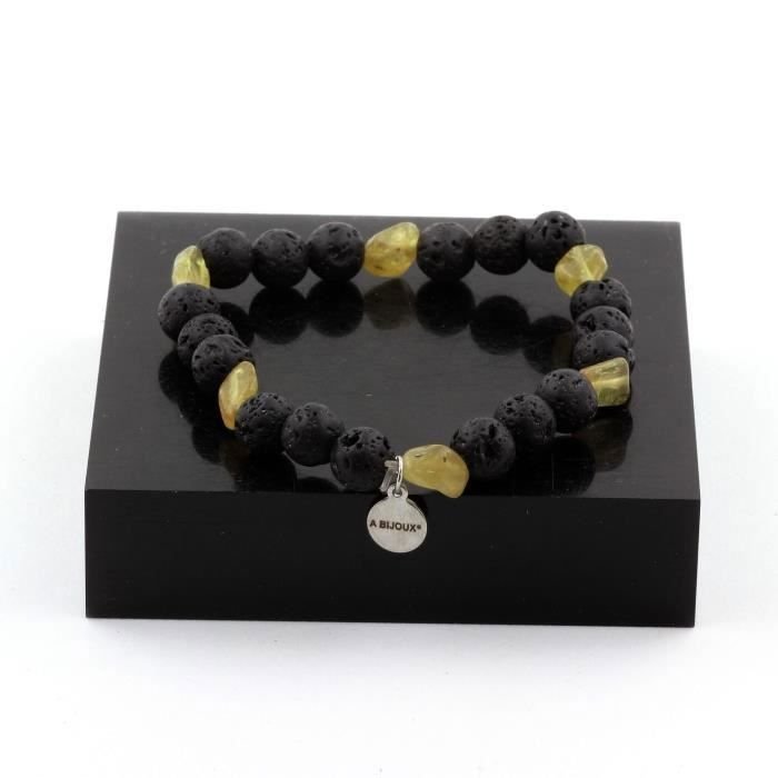 Kamienie i minerały. Bransoletka z żółtego apatytu z Madagaskaru + koraliki lawy 8 mm. Wyprodukowano we Francji.