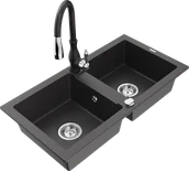 Zlewozmywaki z baterią - Mexen Mario zlewozmywak granitowy 2-komorowy z baterią kuchenną Savita, czarny nakrapiany - 6504-76-672601-70 - miniaturka - grafika 1