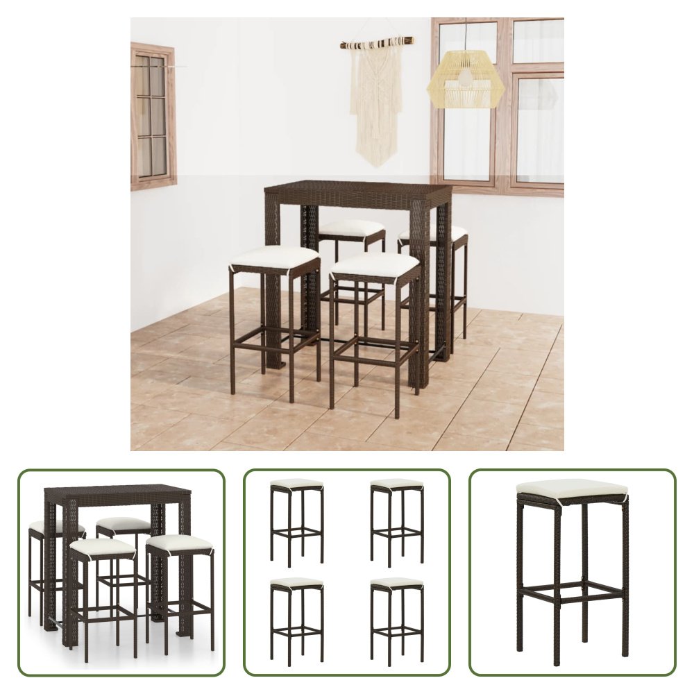 The Living Store 5-częściowy ogrodowy zestaw barowy z poduszkami z polirattanu brązowy