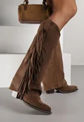 Kozaki damskie - Brązowe Kozaki Kowbojki na Stożku z Cholewką Imitującą Nogawkę z Frędzlami Monettea - Renee - miniaturka - grafika 1