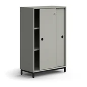 Szafy biurowe - Zamykana szafa przesuwna QBUS, 2 półki, nóżki, uchwyty, 1252x800x400 mm, czarny, jasnoszary - miniaturka - grafika 1