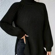 Swetry damskie - TEMU Sweter Damski z Wysokim Kołnierzem - Elegancki Sweter z Rozcięciami Bocznymi, Luźny Krój na Jesień/Zimę, Stylowe Ubrania do Biura i , Zimowa - miniaturka - grafika 1