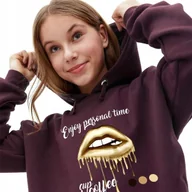 Bluzy damskie - Bordowa Bluza Damska Z Kapturem ENJOY PERSONAL TIME Stylowe Kobiece Wz - XL - miniaturka - grafika 1