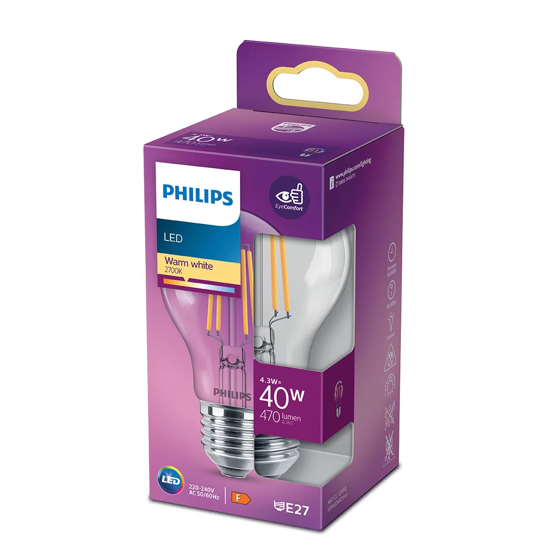 Philips Żarówka filamentowa LED E27 A60 4 W, 2 700 K