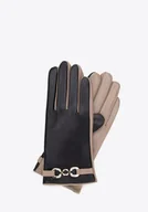 Rękawiczki - Damskie rękawiczki ocieplane z dekoracyjnym paskiem czarno - beżowe - miniaturka - grafika 1