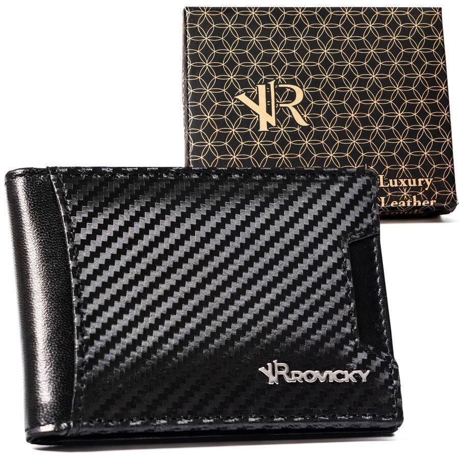 Męski portfel skórzany Rovicky carbon elegancka banknotówka na karty z ochroną RFID, czarny