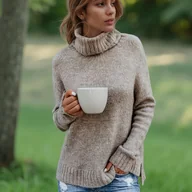 Swetry damskie - TEMU Elegancka Damska Tunika Sweter Oversize - Beżowy/Brąz Wysoki Kołnierz Długi Rękaw Paltowa z Asymetrycznym Dołu, Pranie Maszynowe Zimne Ciepło, - miniaturka - grafika 1