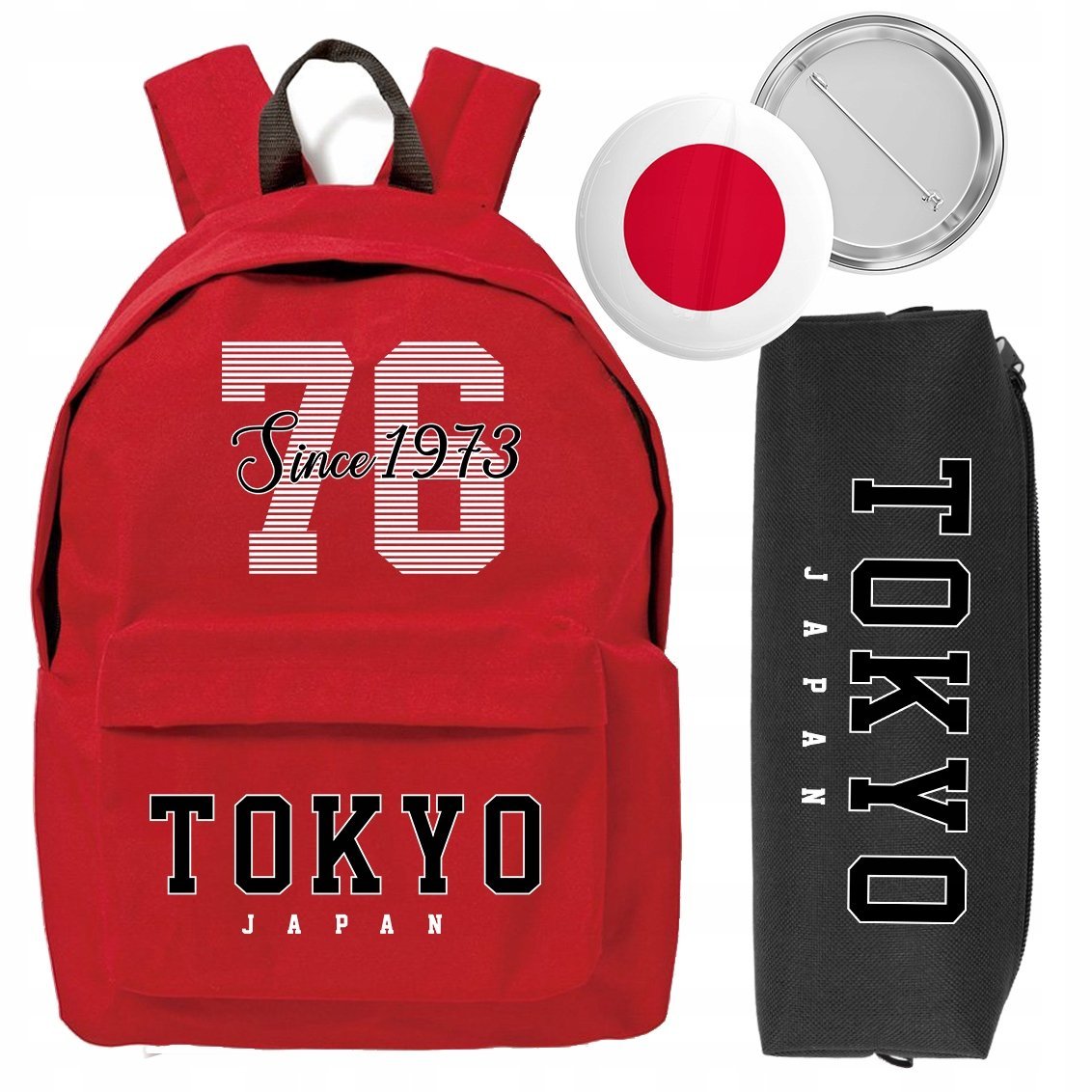 ZESTAW PLECAK CZERWONY PIÓRNIK PRZYPINKA TOKYO JAPAN MŁODZIEŻOWE TRENDY