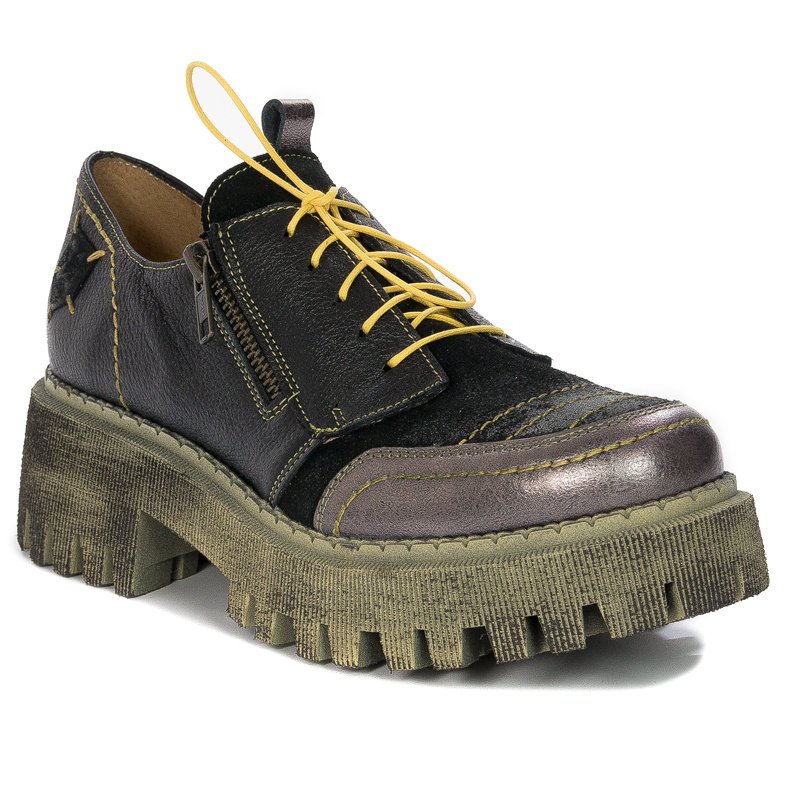 Maciejka Półbuty damskie na platformie skórzane czarny+żółty-41