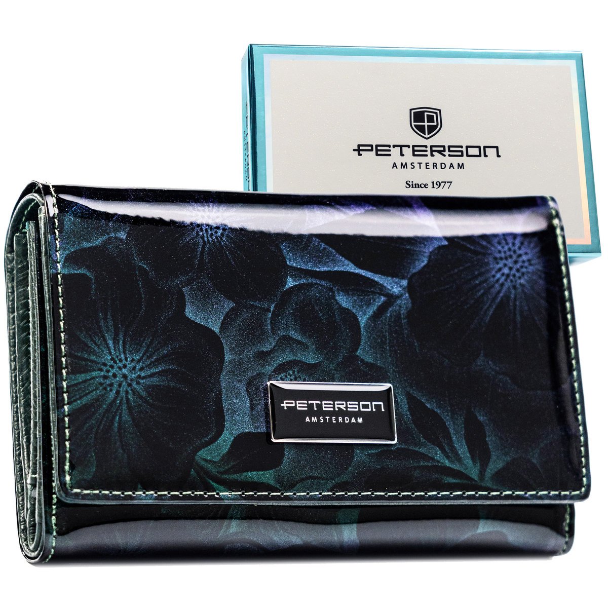 PETERSON Poziomy średniej wielkości zielony lakierowany portfel damski w kwiaty rozbudowany na karty i dokumenty skóra naturalna i ekologiczna pudeł..