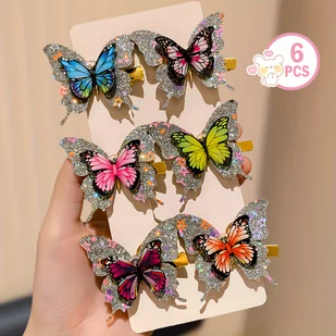 TEMU 6szt. Kolorowe Brokatowe Spinki do Włosów z Motylami - Błyszczące Kwiatowe Akcenty, Różne Kolory (Różowy, Niebieski, Zielony, Pomarańczowy) - - Ozdoby do włosów - miniaturka - grafika 1