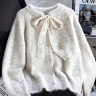 Swetry damskie - TEMU Damski Zimowy Ciepły w Stylu Koreańskim – Gruby Miękki Płaszcz z Kokardą i Kołnierzem, Jednokolorowy Płaszcz, Pranie w Praniu Maszynowym, Odzież - miniaturka - grafika 1