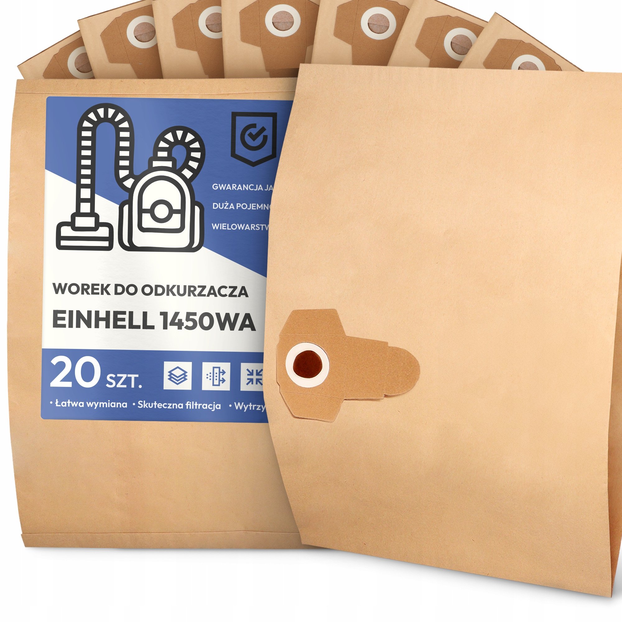 20x Worek do Odkurzacza Einhell 1450WA Papierowy 2-Warstwy Torba Worki 2A